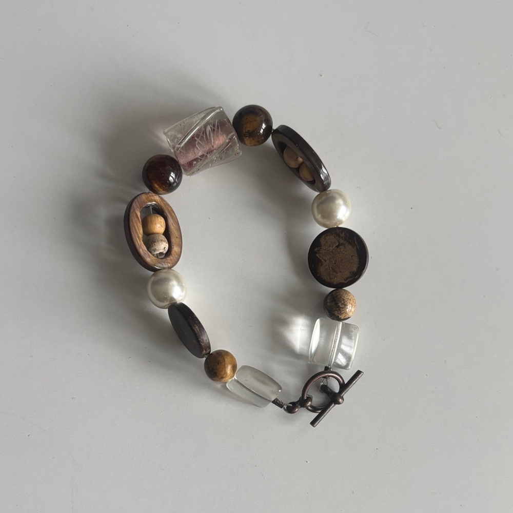 Natural Brown Wood & Clear Bead Bracelet with Pearl Accents